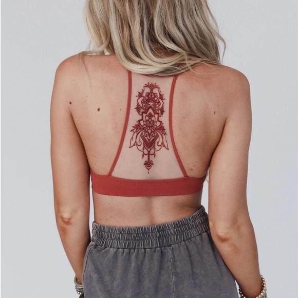 Rust Boho Sheer Lace Tattoo Floral Bralette - Picture 2 of 6